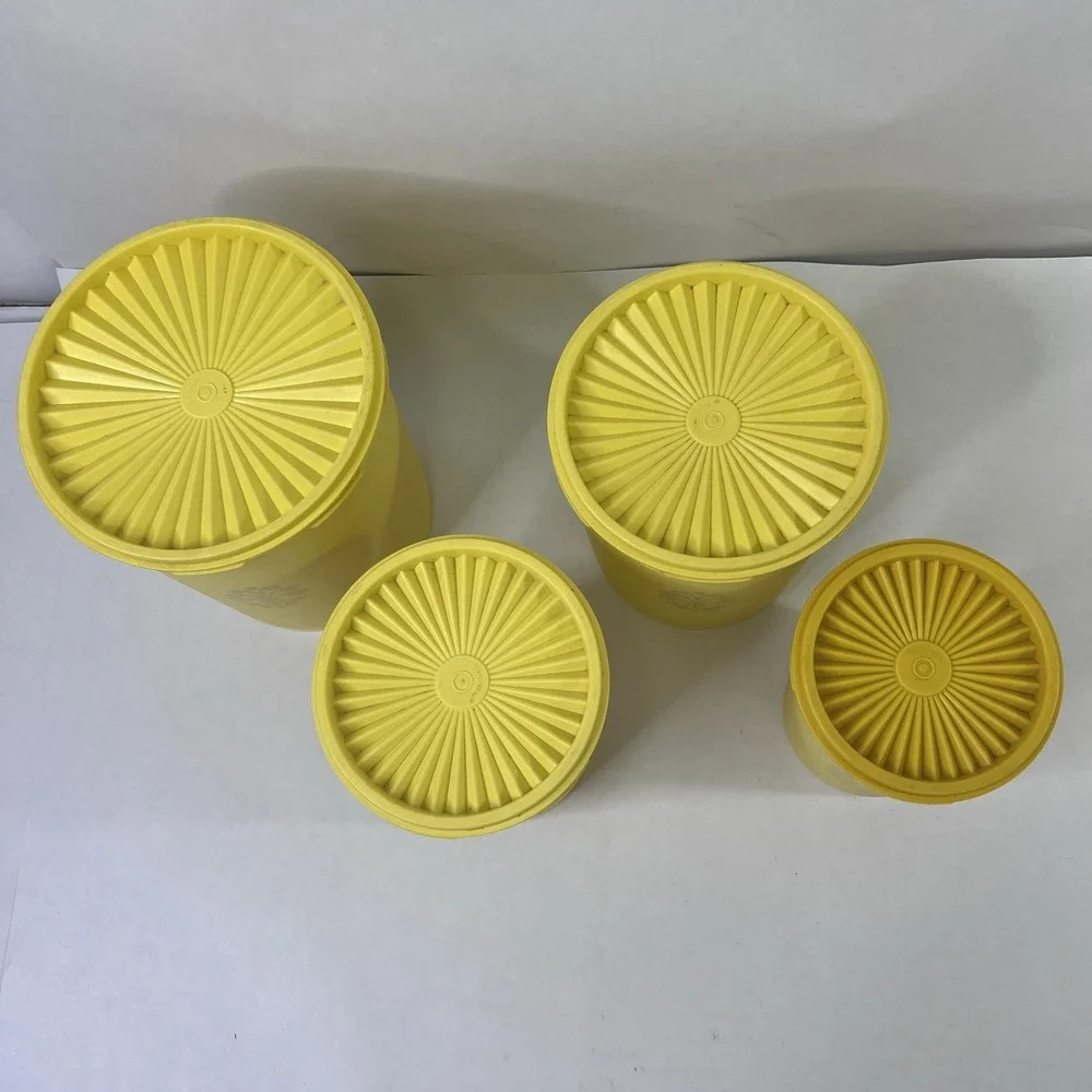 4 Piece Yellow Servalier Tupperware Nesting Canisters Set w Lids 805 807 809 811